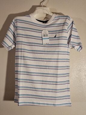 Nautica White Tee with Blue, Mint & Pink Stripes